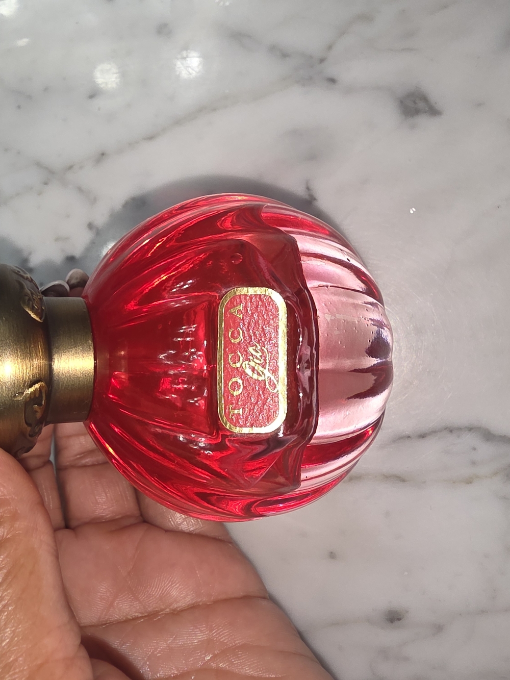 Tocca red glass perfume bottle with gold-tone label - Picture 1 of 4